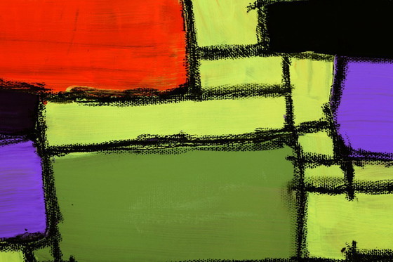 Image 1 of Modern abstract green, yellow, purple and orange mixed media painting