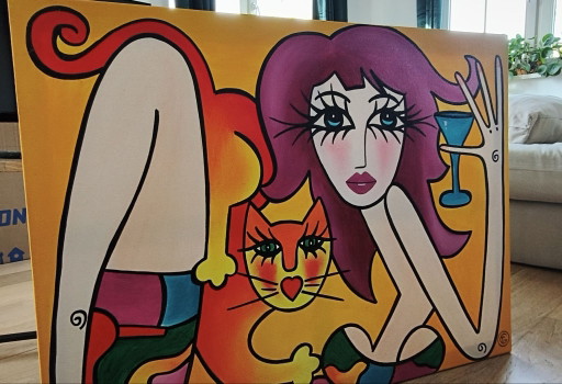 Irina Fedorova – œuvre d'art pop colorée avec femme et chat – 80 × 60 cm