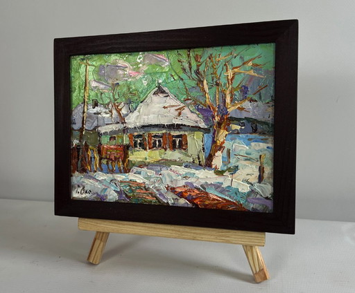 Original Oil Painting Winter Houses Landscape Saturday winter day