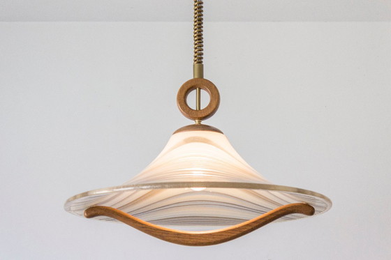 Image 1 of Large 1970s Cristallux Organic Brutalist Rise & Fall Pendant – Handarbeit West Germany – Acrylic & Solid Wood