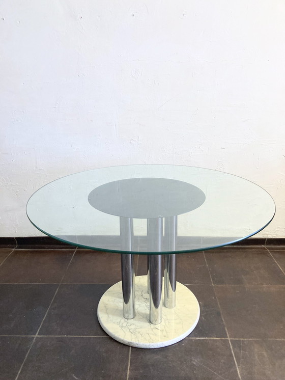 Image 1 of Round Italian dining room table from the 70s marble glass chrome