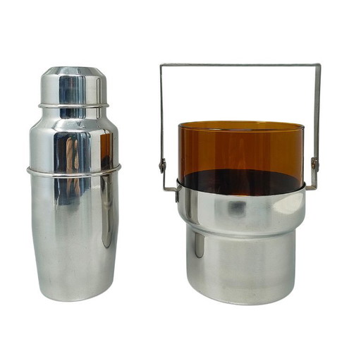1970s Gorgeous Cocktail Shaker With Ice Bucket by Pran. Made in Italy