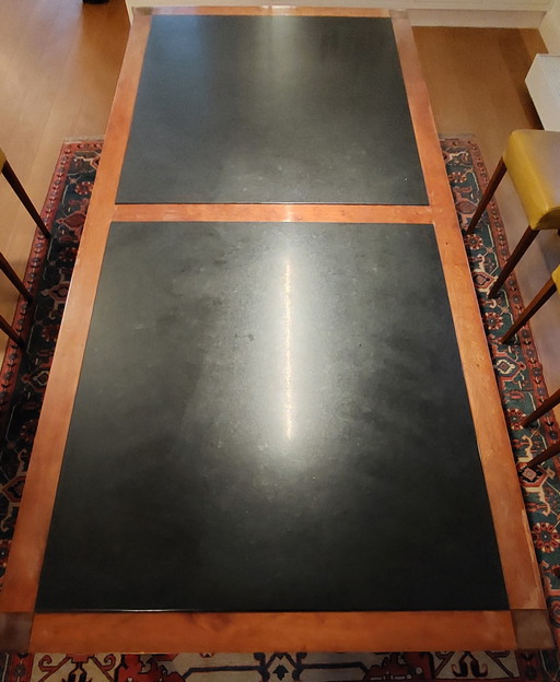 Large Wooden Dining Table With 2 Granite Tops Inlaid