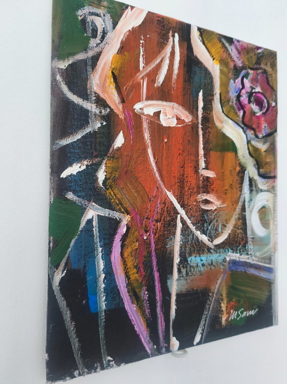 Image 1 of M Savu – Original Abstract Expressionist Portrait | Acrylic on Canvas Board | 30 × 24 cmo