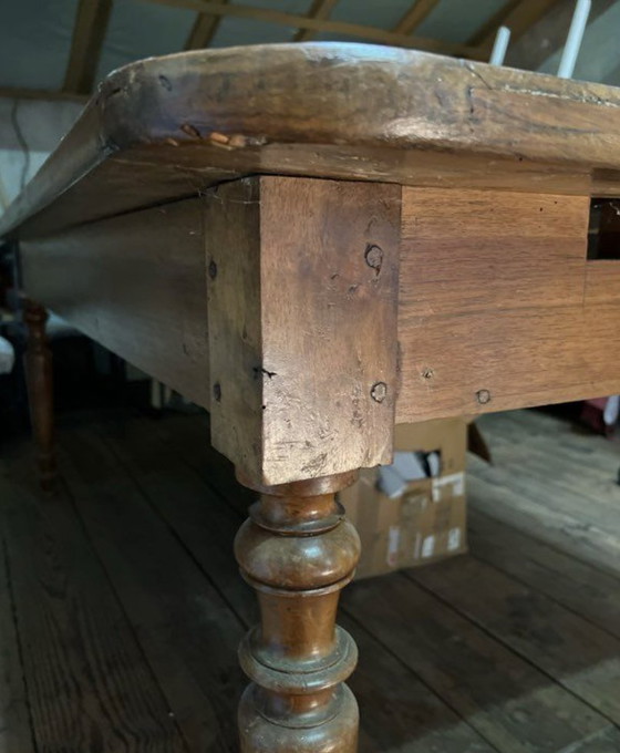 Image 1 of Grande table de ferme ancienne en bois massif – style rustique XIXe – pieds tournés - 181x100m