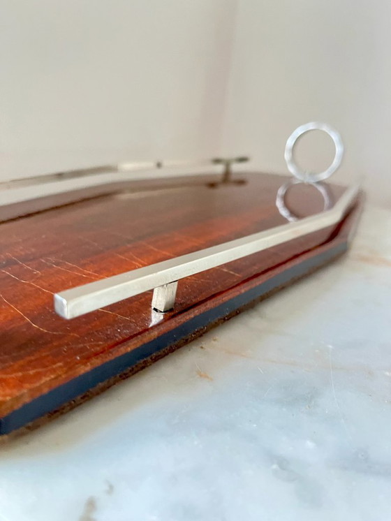 Image 1 of Plateau de service Art déco en bois et chrome – Design géométrique, vintage années 1930