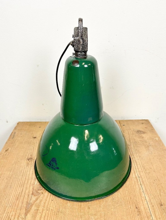 Image 1 of Industrial Green Enamel Factory Lamp with Cast Iron Top, 1960s