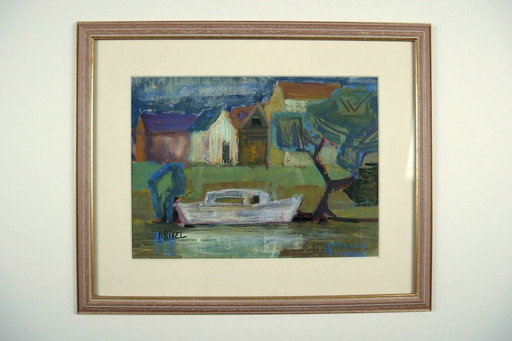 Lucie RIVEL, Boat moored on the canal. Framed gouache.