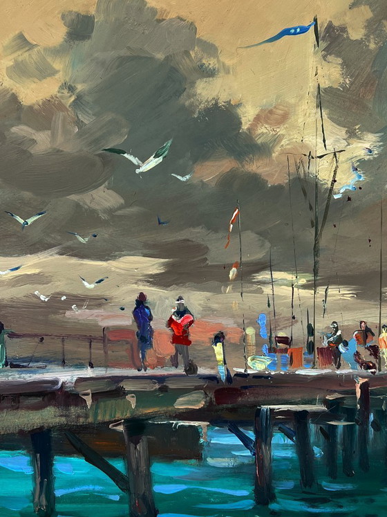 Image 1 of Peinture à l'huile originale représentant un paysage marin avec des yachts et des bateaux au quai