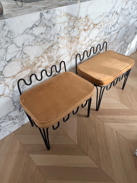 Two stools with black metal frame and ochre velvet seat, Design (photo 5 of 6)
