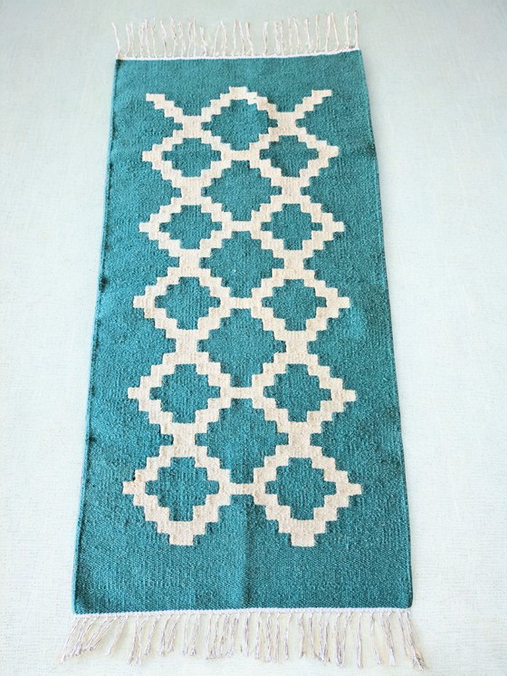 Image 1 of Senon Kelim Läufer 70 × 140 cm - Handgefertigt in Ägypten - Grüner Diamant, Flachgewebe