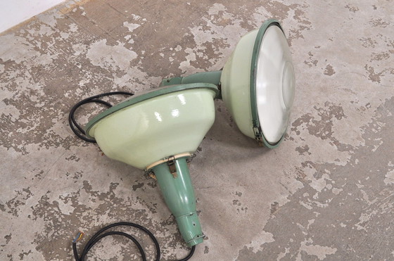 Image 1 of Vintage Enamel Factory Lamp With Spherical Glass