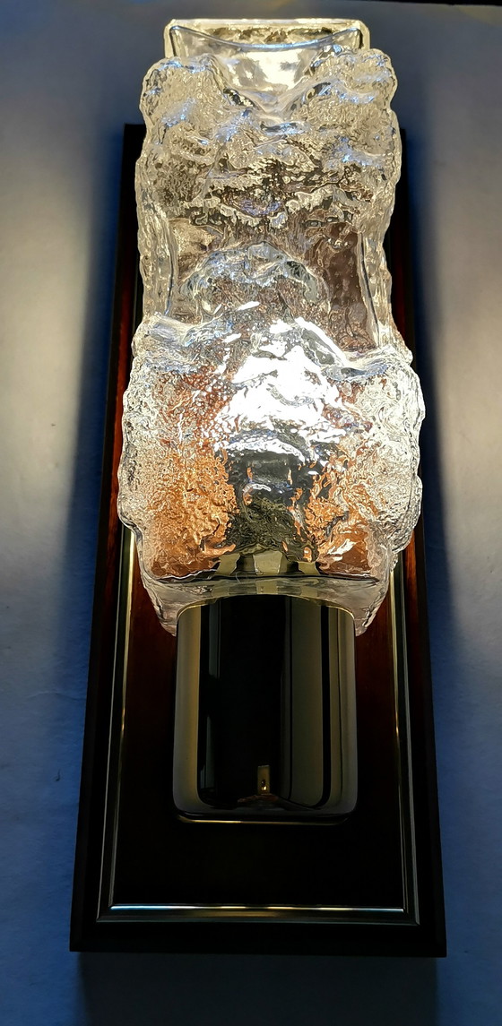 Image 1 of Set of Hollywood Regency ice glass wall lamps by Hillebrand teak vintage 70s