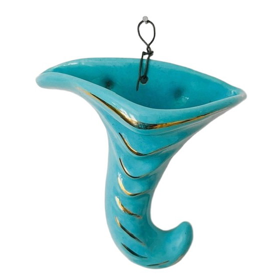 Image 1 of Vaso da parete vintage in ceramica di metà secolo, a forma di corno, turchese, anni '60