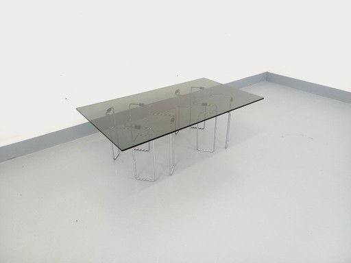 Vintage Space Age rectangular coffee table in smoked glass and chrome metal from the 1970s