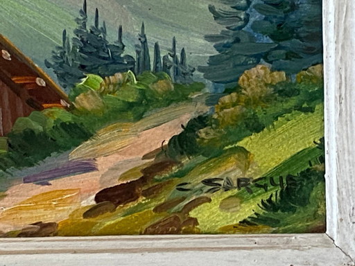 Dipinto ad olio d'epoca su pannello firmato CLAUDE SARGUE Paesaggio montano