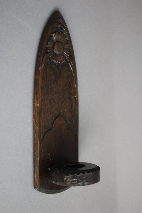Image 1 of Portacandele da parete in legno massello, vintage, girasole intagliato a mano, grande, marrone