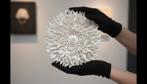 Muurdecoratie, sculptuur, bloemdecoratie, klei, dahlia, organisch bloemenmotief, statement voor je interieur