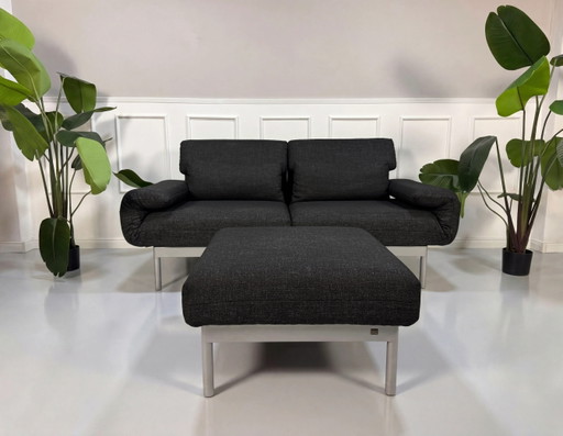 Rolf Benz Plura 380 Sofá Stoff Grau Schwarz + Hocker Schlaffunktion