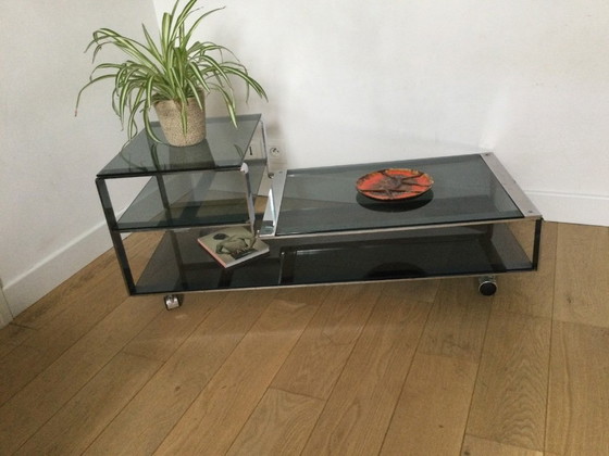 Image 1 of Salontafel / Laag kastje, Italiaans design in gerookt glas en staal