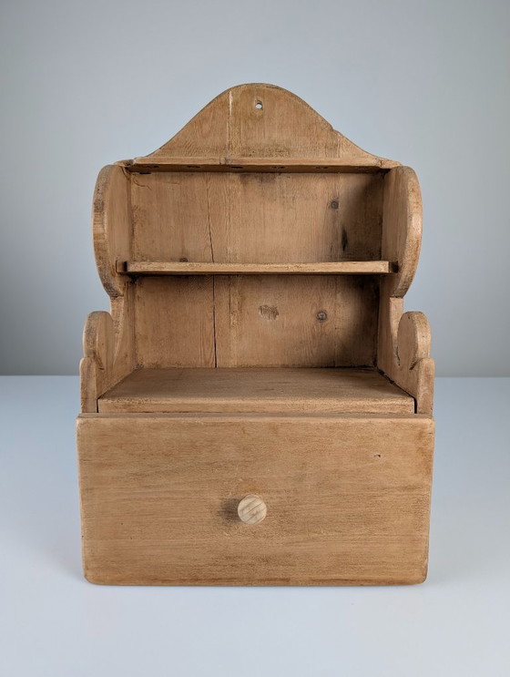 Image 1 of Hand-Carved Folk Art Pine Cutlery Rack with Drawer, 1950s