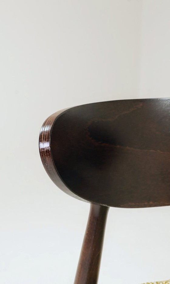 Image 1 of Set van 6 eetkamerstoelen, licht beukenhout, stof met groen patroon, modern ontwerp