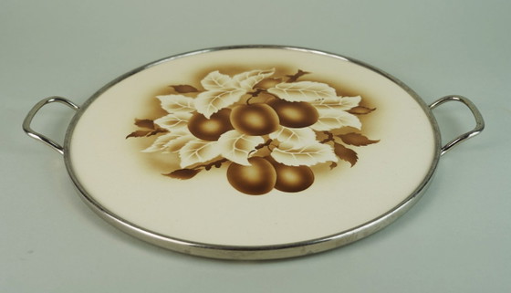 Image 1 of art nouveau art déco CAKE PLATTER cake plate ceramic and metal plum decor
