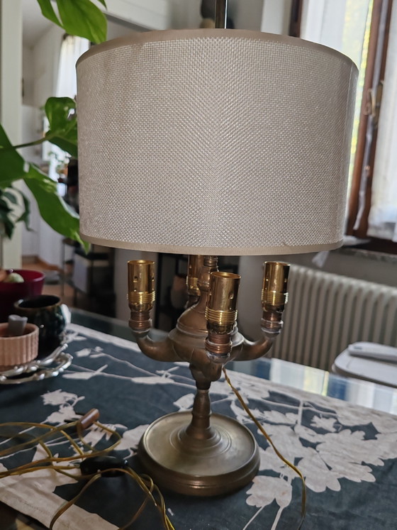 Ancienne Lampe Florentine en Laiton Électrifiée à 4 Lumières. – Textile, Brass (photo 3 of 5)