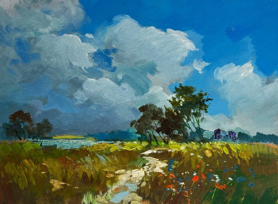 Image 1 of Original Oil Painting: Summer Field Landscape in the Flower Field