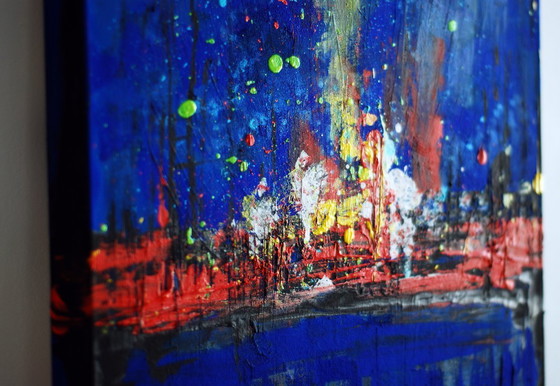 Image 1 of Abstract blue and red colors acrylic painting on stretched canvas