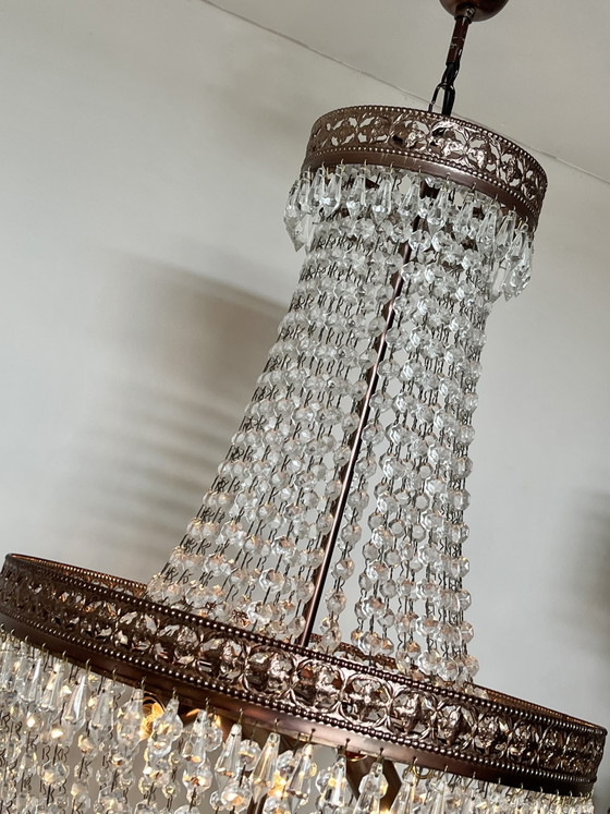 Image 1 of Vintage kristallen kroonluchter hanglamp met punt pegels Zakkroonluchter brons frame
