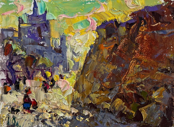 Image 1 of Original Oil Painting Evening City Landscape Old fortress that remembers centuries