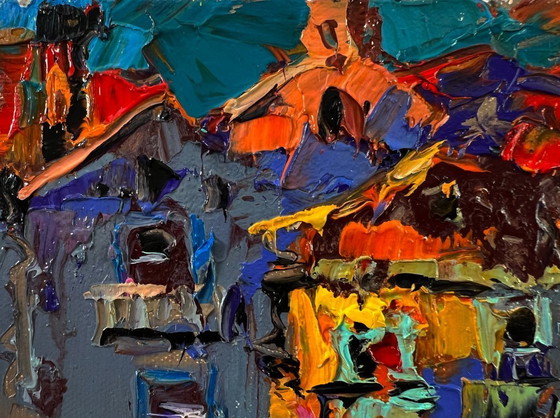 Original Oil Painting Gloomy Houses Landscape The City In Night Lights – Paintings & Drawings, Canvas (photo 7 of 8)