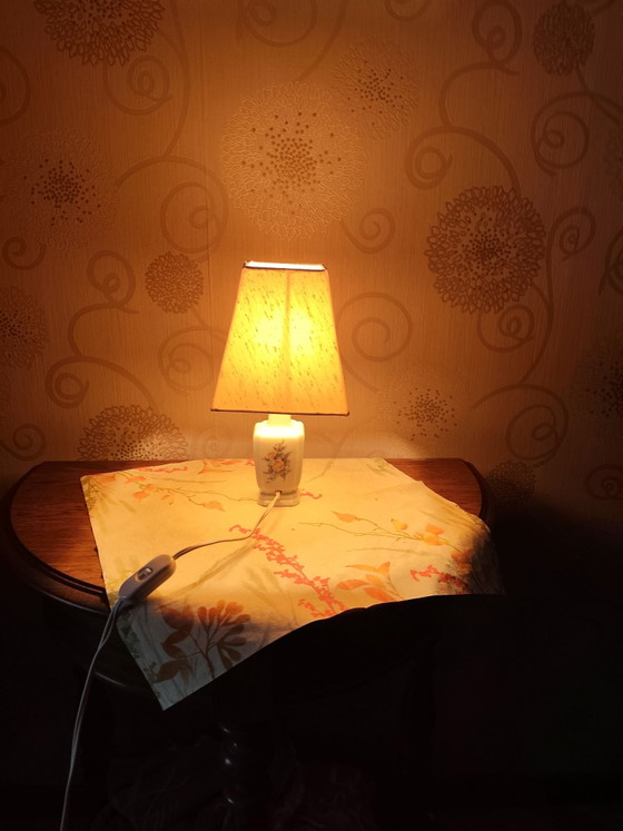 Vintage Ceramic Bedside/Table Lamp, Textile, Beige (photo 5 of 9)