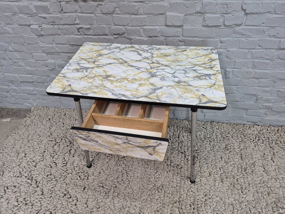 Image 1 of Vintage Design Kitchen Table with Marble-Effect Formica Top and Drawer – The Netherlands, 1950s