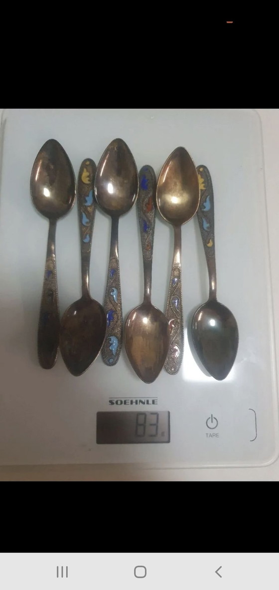 Set of 6 Soviet Silver Cloisonné Enamel Spoons – Tallinn 1968 – Tallinna Juveelivabrik, Cutlery Sets (photo 6 of 13)