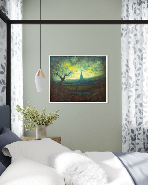 Ben Genaux (1911–1996, Belgien) – Surrealistische Landschaft mit Turm und Schmetterling, Öl auf Holz