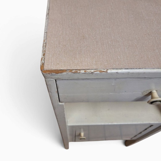 Vintage Nightstand / Cabinet with Drawer and Door, Wood, Plastic, White (photo 3 of 8)