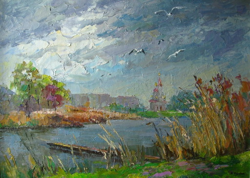 Origineel olieverfschilderij Herfstlandschap Stadsrand Meeuwen boven de rivier. Droge Kagamlyk