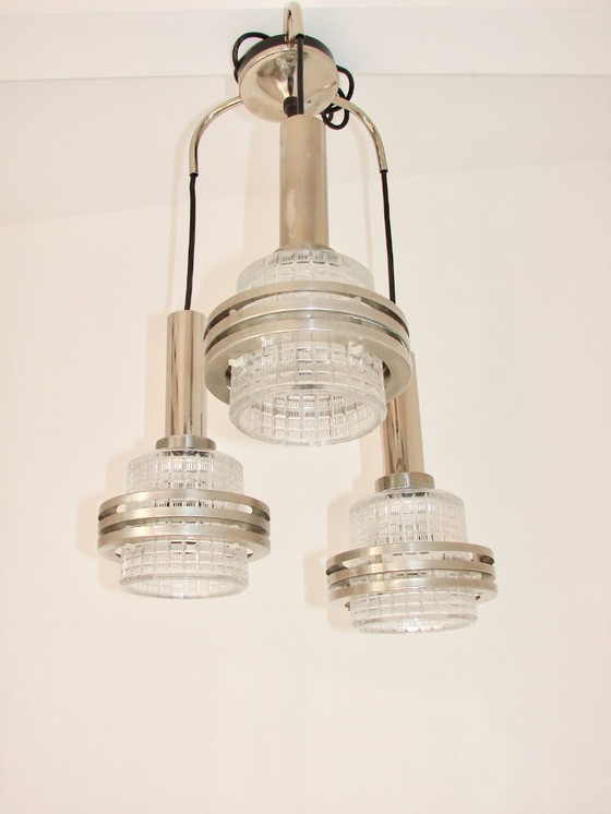 Image 1 of Moderne hanglamp, jaren 70, metaal en glas, 3xE27