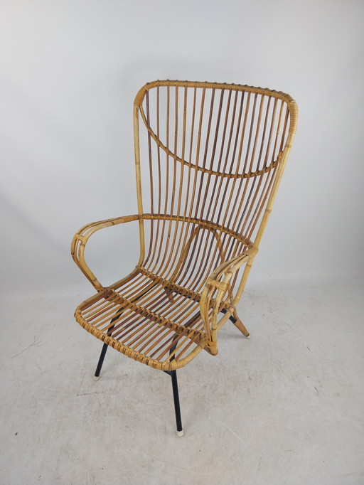 1 X Bamboe Rotan Rohé Hoge Rug Fauteuil 1960'S 