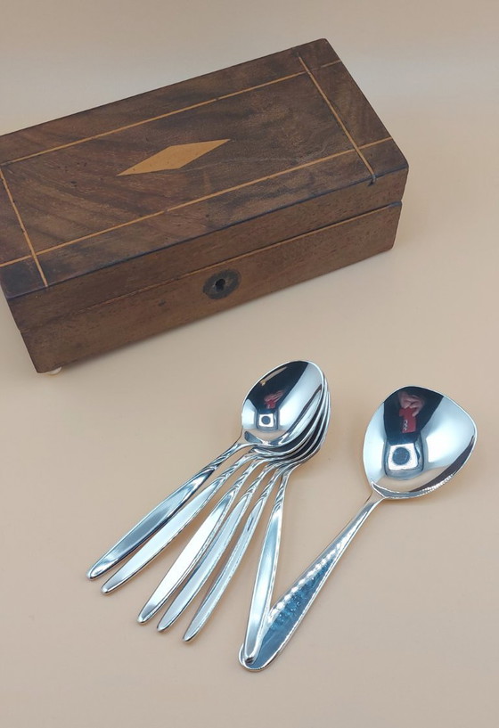 Image 1 of Setje verzilverde theelepeltjes in houten doosje