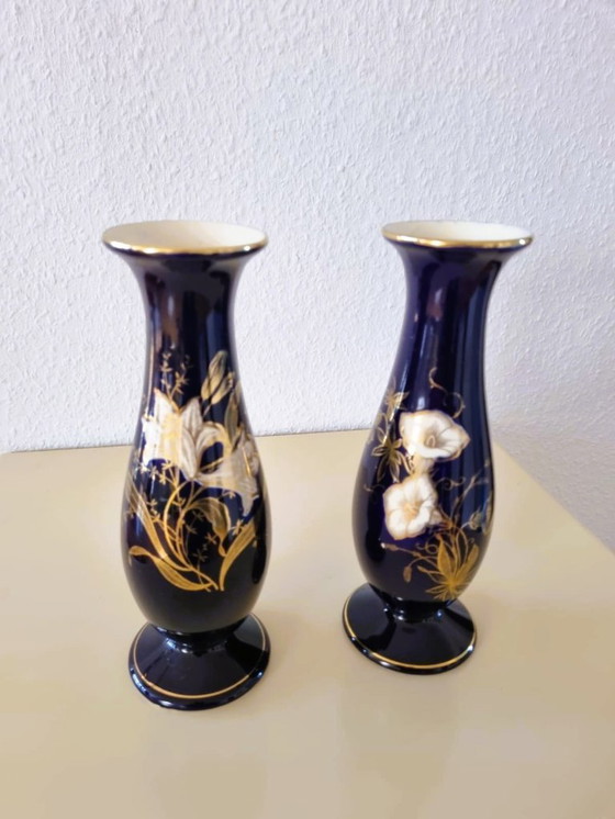 Image 1 of Vasi in porcellana di Limburgo (2x) – blu cobalto con fiori dorati – vintage, realizzati in Germania