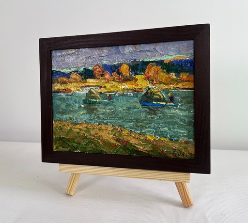 Original Oil Painting Autumn River Landscape Above the evening silence by the river