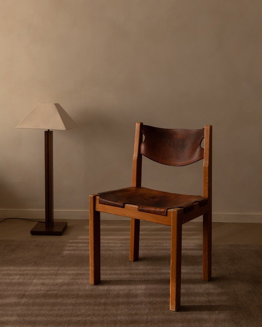 Sedia vintage Maison Regain in olmo e pelle color cognac, Francia anni '70