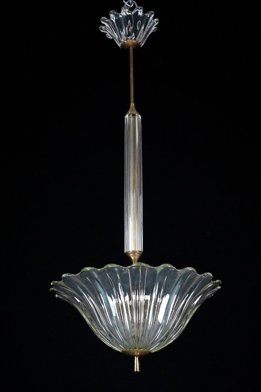 Lampada a sospensione Art Déco Seguso in vetro di Murano trasparente. Italia, anni '40.