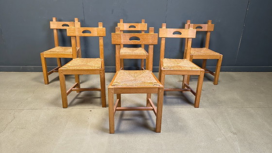 Image 1 of Vintage oak and wicker brutalist chairs, 1960s - set of 6