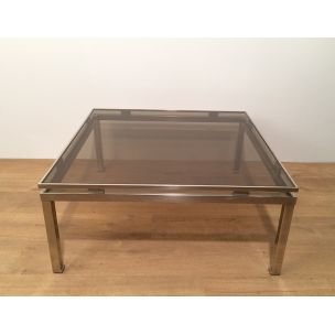 Quadratischer Vintage-Couchtisch aus gebürstetem Metall und Glas von Guy Lefèvre, 1970