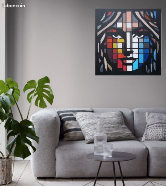Image 1 of Abstract schilderij van de schilder 2Luss'Art – Geometrisch portret – 60 x 60 cm
