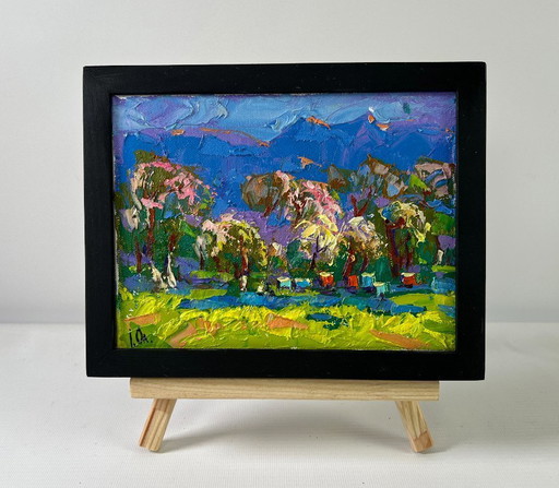 Original Oil Painting Day Trees Landscape Spring in the village